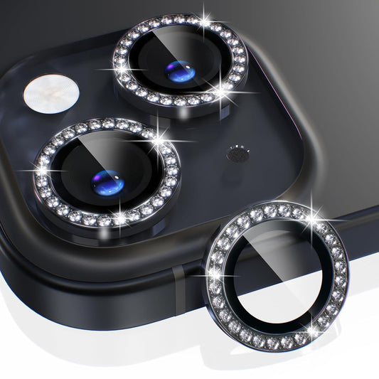 AIG iPhone 15/15 Plus Camera Lens Protector – Bling 9H Tempered Glass with Metal Ring Decoration (Black Diamond)