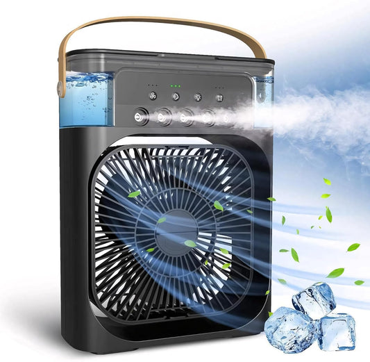 Portable Humidifier Air Cooler Fan Mini Cooler For Home With 3 Speed Mode, Mist Fan With Water Spray, 7 Color Led And Timer,(Usb Powered Mini Ac, Black)