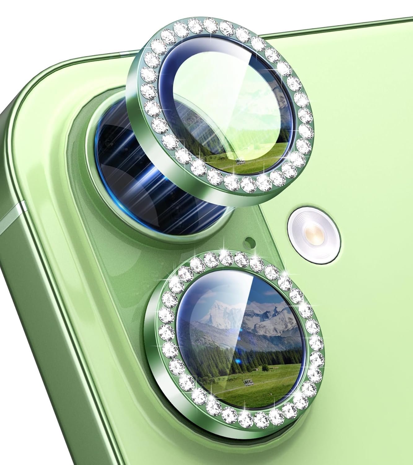 AIG Camera Lens Protector for iPhone 17 with 9H Tempered Glass, Bling Diamond Metal Ring, Scratch-Proof, HD Clear, Case Friendly – Green Diamond