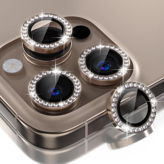 AIG Bling Camera Lens Protector for iPhone 16 Pro / Pro Max – 9H Glass, Diamond Metal Ring, Stylish Titanium Desert Look (Luxury Camera Cover)