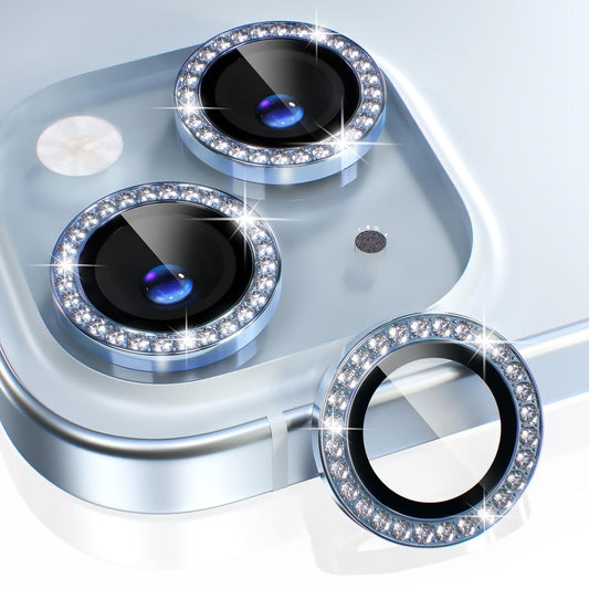 AIG iPhone 15/15 Plus Camera Lens Protector – Bling 9H Tempered Glass with Metal Ring Decoration (Blue Diamond)