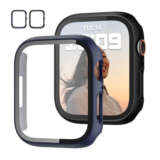 AIG Apple Watch 41mm Hard Case with Tempered Glass Screen Protector, Ultra-Thin Protective Cover for Series 9/8/7 - Blue+Blck (02 PACK)