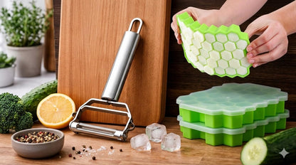 AIG 2 Pack Silicone Ice Cube Tray with Lid & Stainless Steel Vegetable Peeler - Green