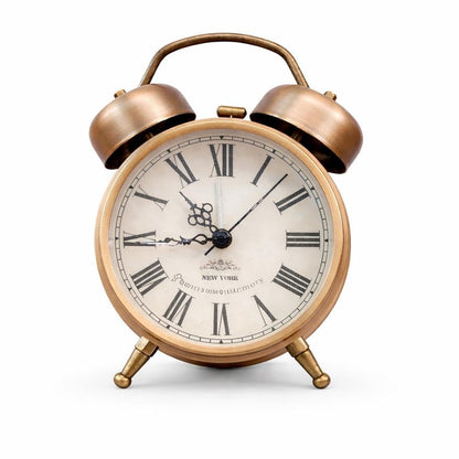 Vintage Twin Bell Alarm Clock, Bronze Finish, Roman Numeral Display, New York Theme, Classic Analog Timepiece