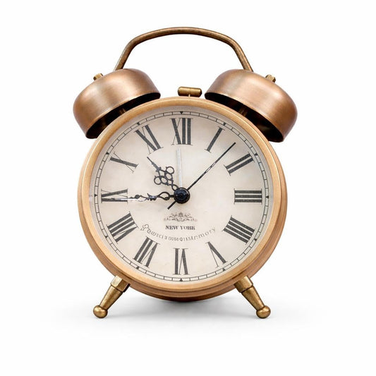 Vintage Twin Bell Alarm Clock, Bronze Finish, Roman Numeral Display, New York Theme, Classic Analog Timepiece