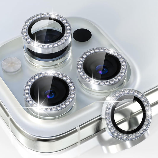 AIG Camera Lens Protector for iPhone 15 Pro/15 Pro Max & iPhone 14 Pro/14 Pro Max – 9H Glass with Metal Ring – Silver Diamond
