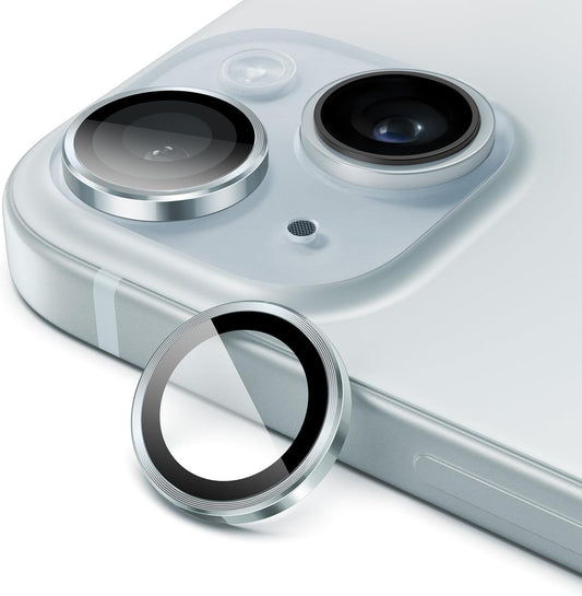 AIG Camera Lens Protector for iPhone 15/15 Plus & iPhone 14/14 Plus – 9H Glass with Metal Rings (Blue)