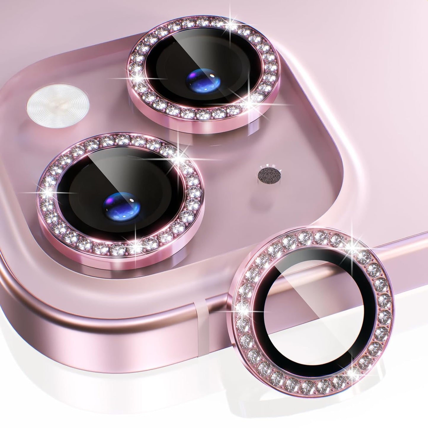 AIG iPhone 14 /14 Plus/15 /15 Plus Camera Lens Protector – Bling 9H Tempered Glass with Metal Ring Decoration (Pink Diamond)