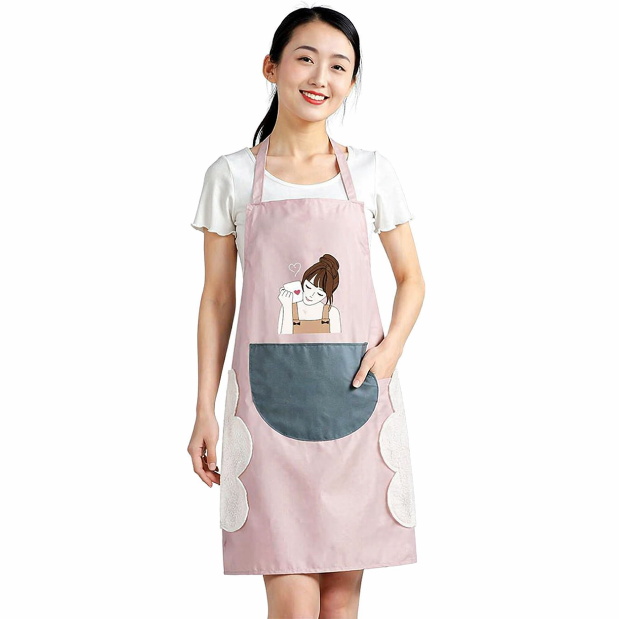 Stylish Waterproof Kitchen Apron for Women with Front Pocket & Cute Print