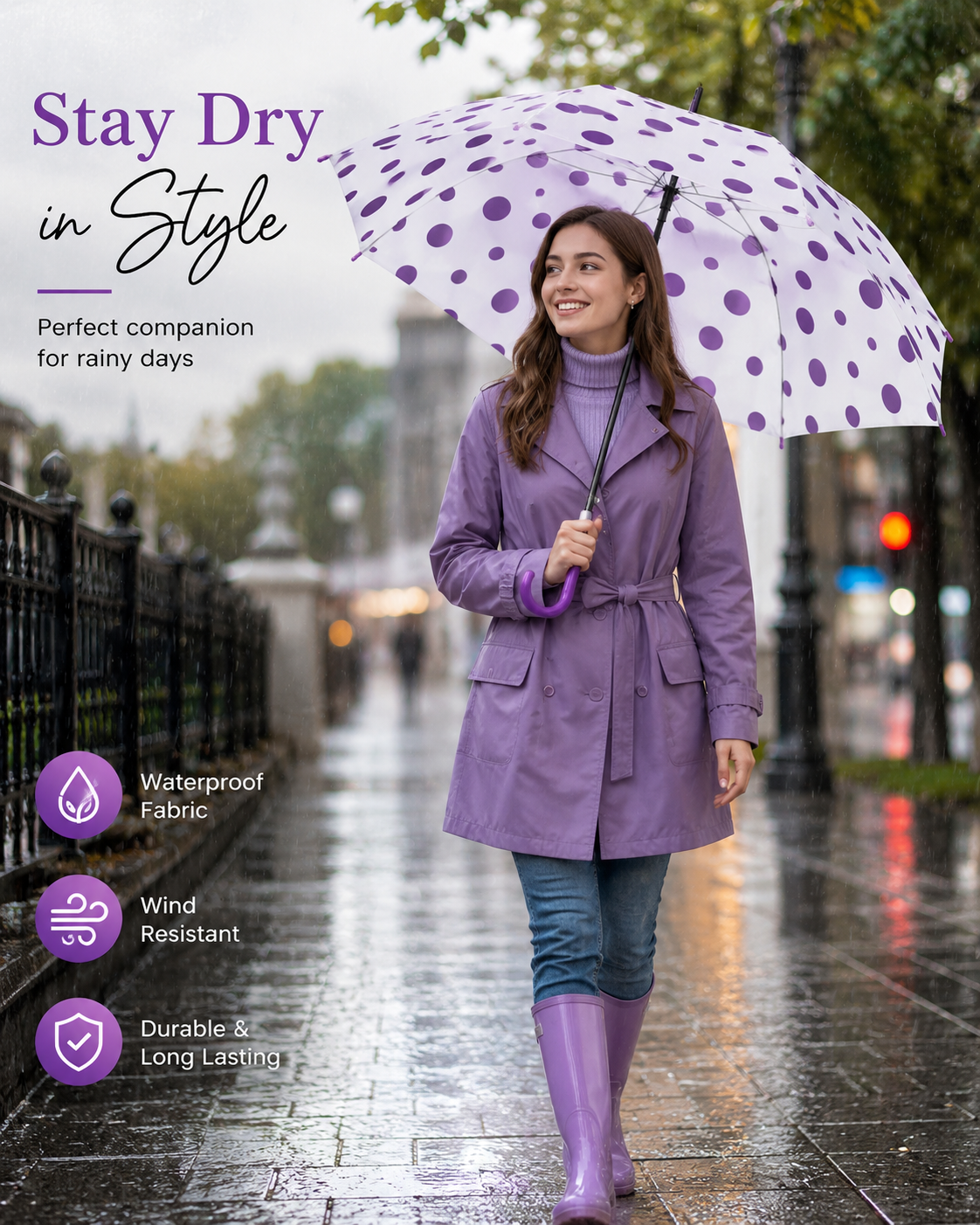 Premium Transparent Polka Dot Umbrella – Waterproof Windproof Long Stick Umbrella with Curved Handle for Men & Women | Large Canopy Rain Umbrella (White & Purple)