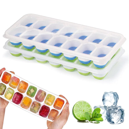 Silicone Ice Cube Tray with Lid, 2 Pack (Green & Blue), 28 Cubes, Easy Release & Stackable