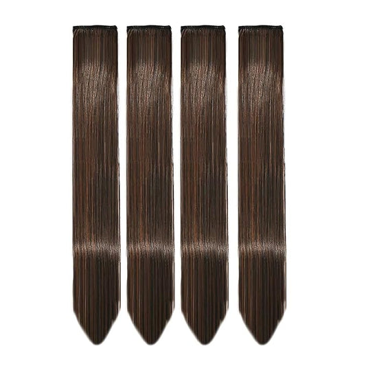 AIG (04 PACK) 22-Inch Brown Clip-In Hair Extensions, Synthetic Highlight Streaks (Brown Straight Hair)