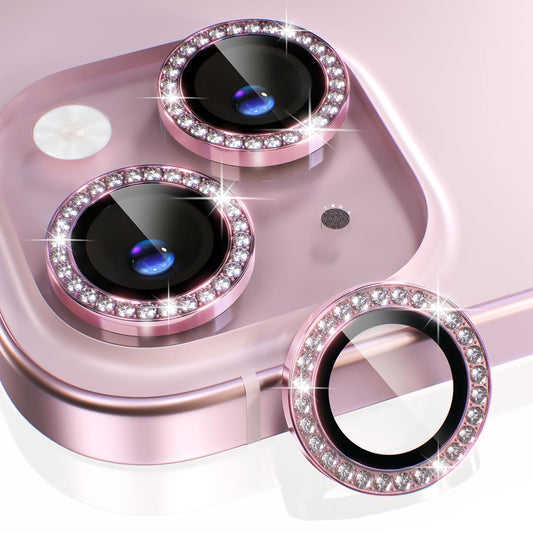AIG iPhone 15/15 Plus Camera Lens Protector – Bling 9H Tempered Glass with Metal Ring Decoration (Pink Diamond)