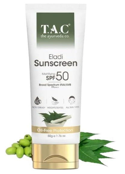 T.A.C Eladi Sunscreen SPF 50 PA+++, Mattifying, Broad Spectrum UVA/UVB, Oil-Free, No White Cast, 50g