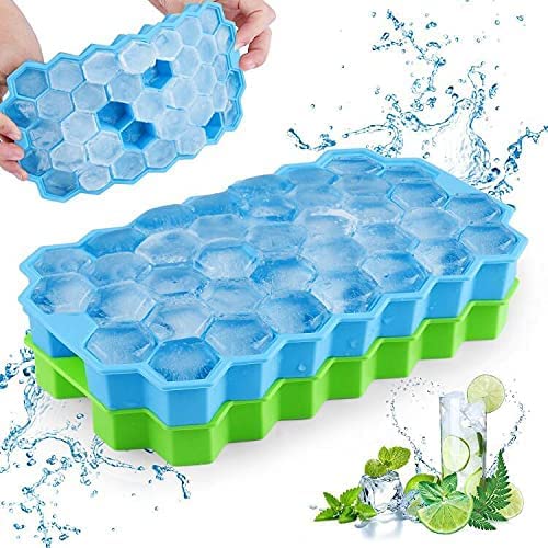 AIG Silicone Ice Cube Trays with Lids – 2 Pack Easy-Release Hexagon Ice Maker for Freezer, Reusable Food-Grade Ice Molds for Cocktail Bar, Whiskey, Iced Coffee & Home Kitchen (Blue+Green)