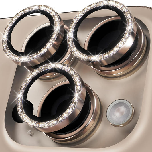 AIG Camera Lens Protector for iPhone 15 Pro/15 Pro Max – 9H Glass with Metal Ring – Gold Diamond