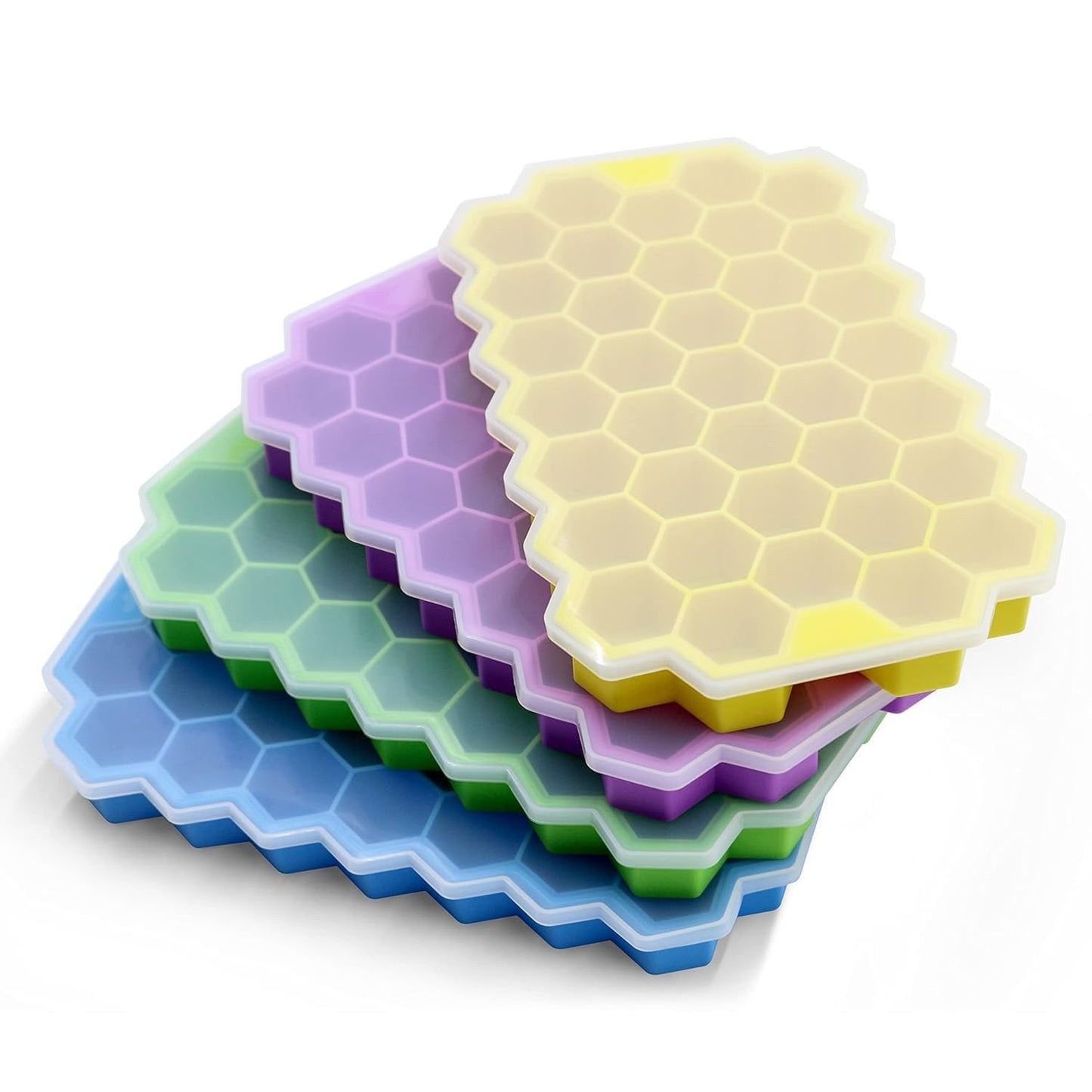 AIG Silicone Ice Cube Trays with Lids – 4 Pack Easy-Release Hexagon Ice Maker for Freezer, Reusable Food-Grade Ice Molds for Cocktail Bar, Whiskey, Iced Coffee & Home Kitchen (BLUE+PURPLE+GREEN+YELLOW)