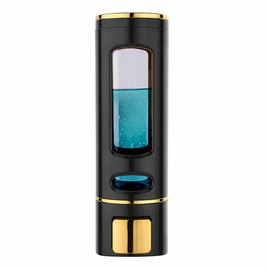 Wall-Mounted Liquid Soap Dispenser, Black and Gold Finish, Push Button, for Bathroom and Kitchen