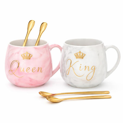 King & Queen Couple Coffee Mug Set with Golden Spoons | Marble Design Ceramic Tea Cups | Premium Printed Mug Set for Gift, Anniversary, Valentine, Wedding | 2 Mugs + 2 Spoons (Pink & White)
