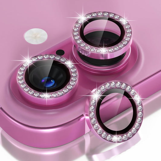AIG Camera Lens Protector for iPhone 16/16 Plus – 9H Glass with Metal Ring – Pink Diamond
