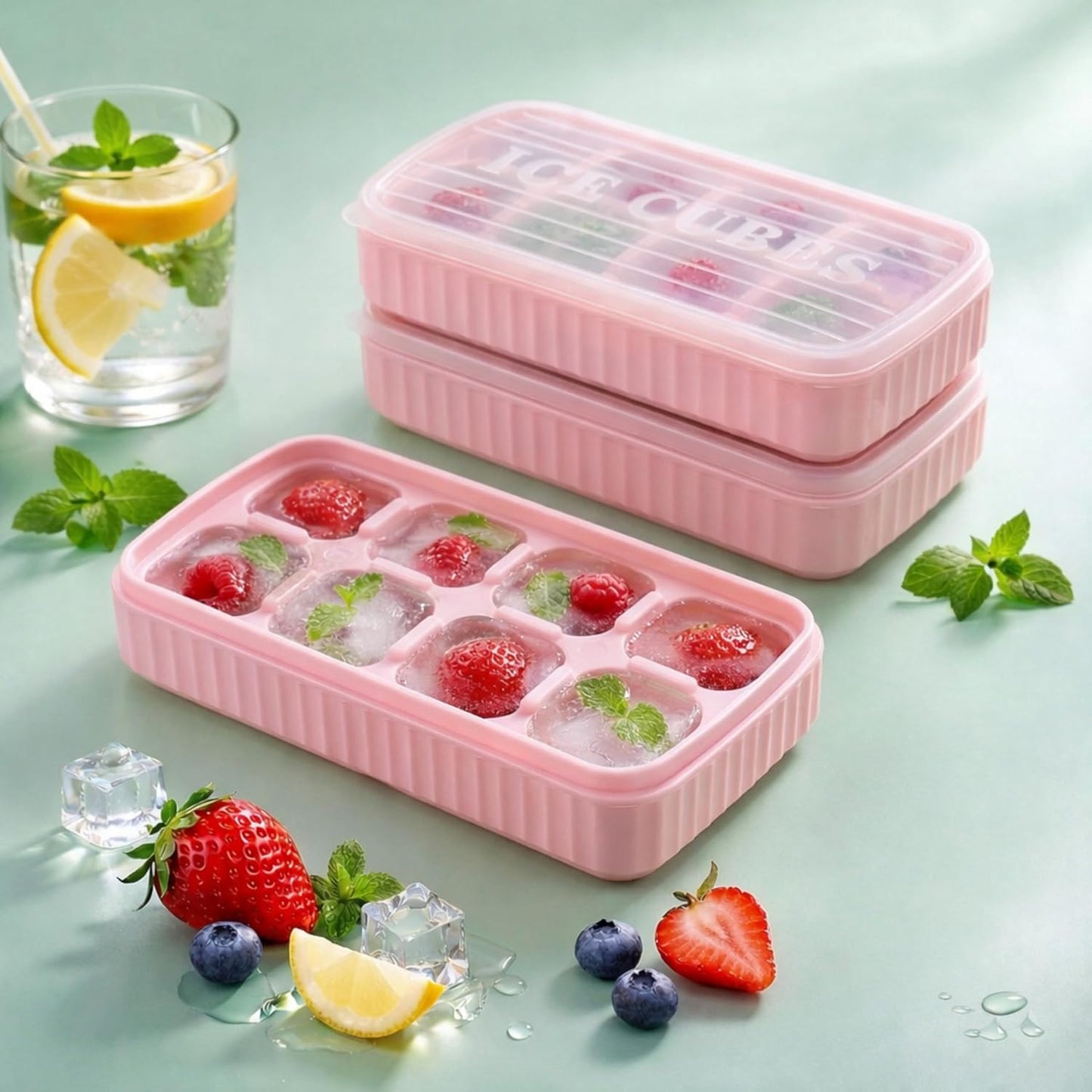 AIG 3 Pack Pink Silicone Ice Cube Tray with Lid – 8 Large Cavities, Flexible Easy Release, BPA Free
