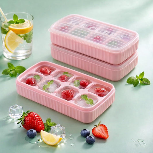 AIG 3 Pack Pink Silicone Ice Cube Tray with Lid – 8 Large Cavities, Flexible Easy Release, BPA Free