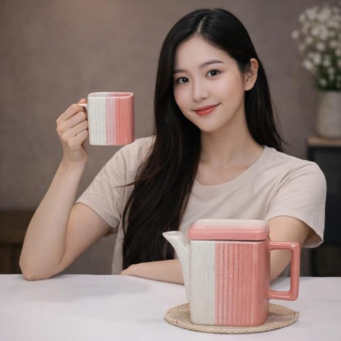 Ceramic Tea Set with Kettle and 6 Square Shape Tea Cup Set with Teapot Stylish Drinkware Set for Tea Coffee Serving Home Kitchen Dining Table Gift Set | Pink