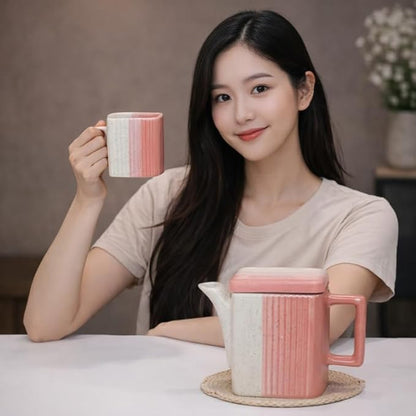 Ceramic Tea Set with Kettle and 6 Square Shape Tea Cup Set with Teapot Stylish Drinkware Set for Tea Coffee Serving Home Kitchen Dining Table Gift Set | Pink