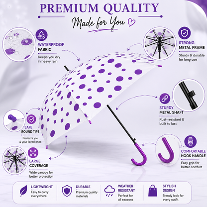 Premium Transparent Polka Dot Umbrella – Waterproof Windproof Long Stick Umbrella with Curved Handle for Men & Women | Large Canopy Rain Umbrella (White & Purple)