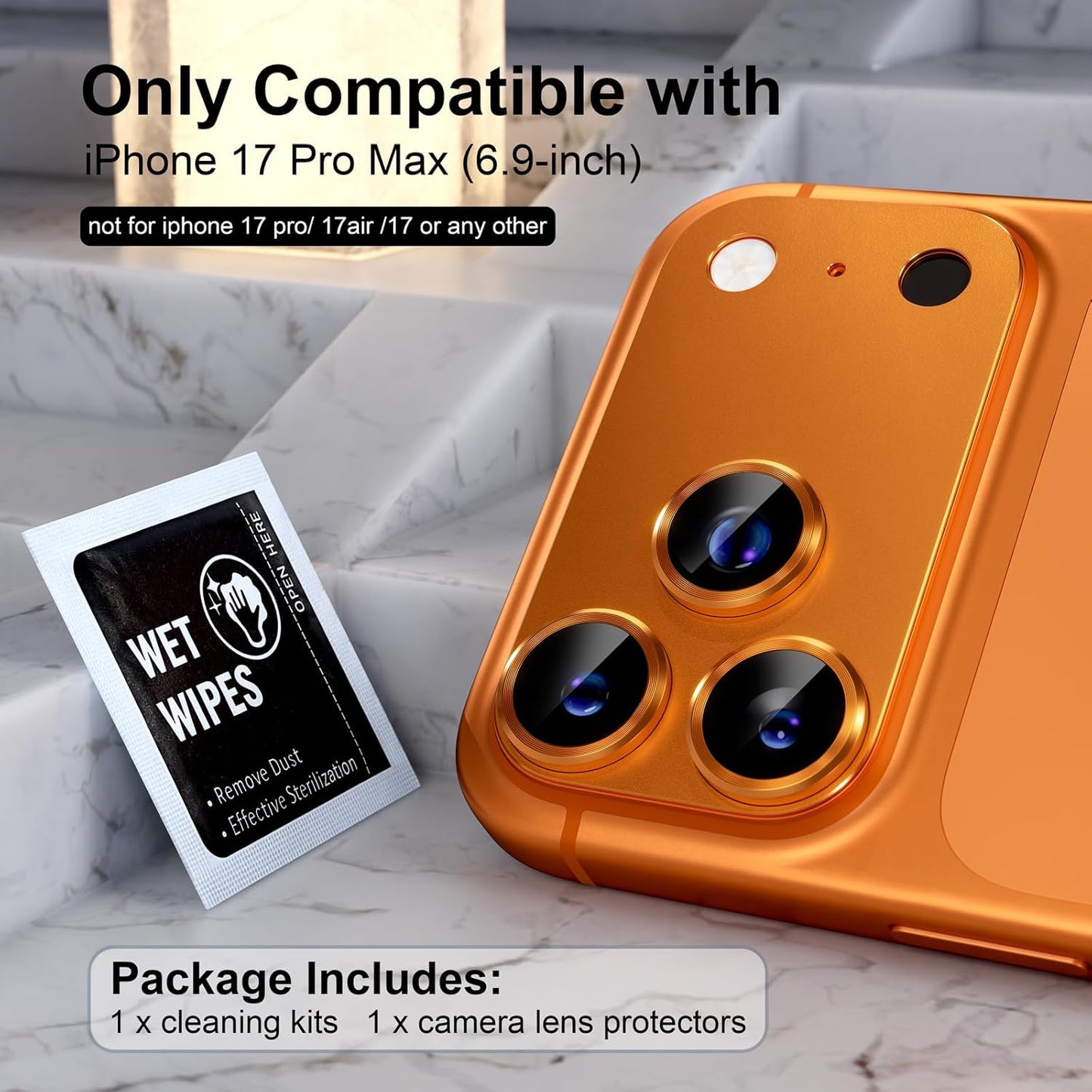 AIG Camera Lens Protector for iPhone 17 Pro Max – 9H Tempered Glass, Metal Ring, Orange Joint