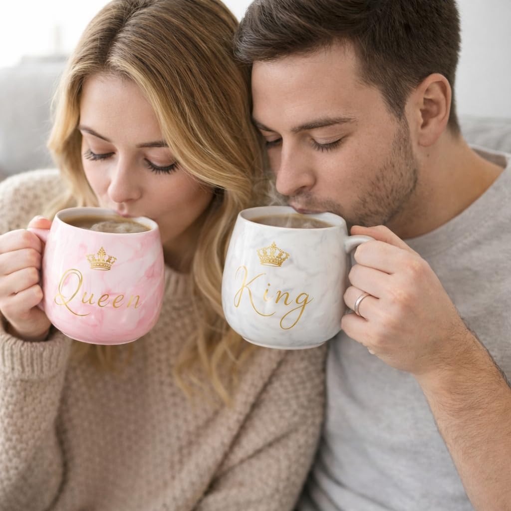 King & Queen Couple Coffee Mug Set with Golden Spoons | Marble Design Ceramic Tea Cups | Premium Printed Mug Set for Gift, Anniversary, Valentine, Wedding | 2 Mugs + 2 Spoons (Pink & White)