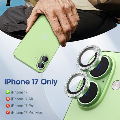 AIG Camera Lens Protector for iPhone 17 with 9H Tempered Glass, Bling Diamond Metal Ring, Scratch-Proof, HD Clear, Case Friendly – Green Diamond