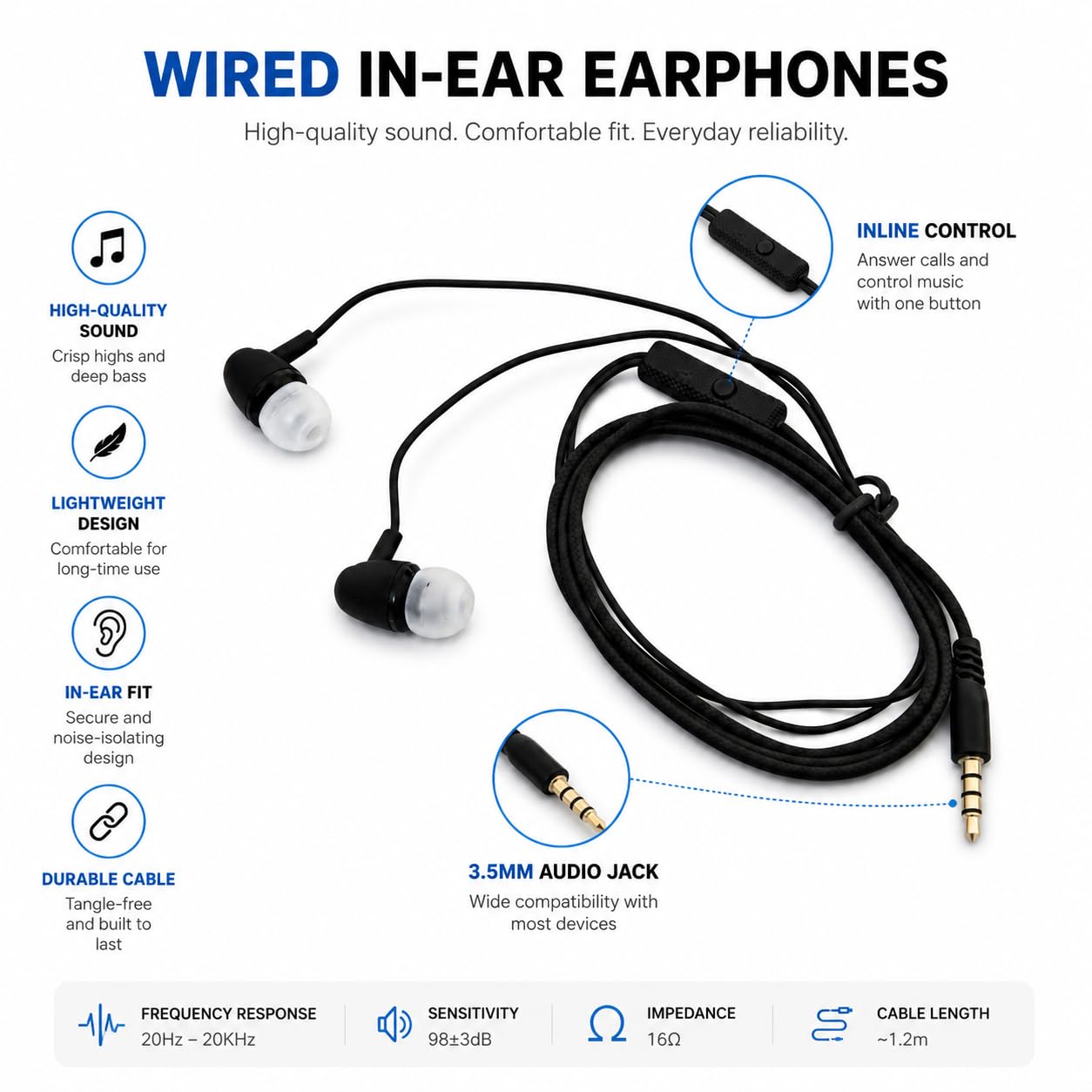 Wired In-Ear Earphones with Microphone – 3.5mm Stereo Earbuds for Android, Laptop, PC & Tablets | Noise Isolating Headphones with HD Sound (Black)
