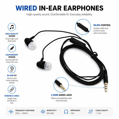 Wired In-Ear Earphones with Microphone – 3.5mm Stereo Earbuds for Android, Laptop, PC & Tablets | Noise Isolating Headphones with HD Sound (Black)