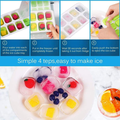 Silicone Ice Cube Tray with Lid – 14 Cavity Easy Release Ice Maker for Freezer, Stackable & Reusable Ice Moulds for Whiskey, Cocktails & Beverages (2 Pack, Green & Blue)
