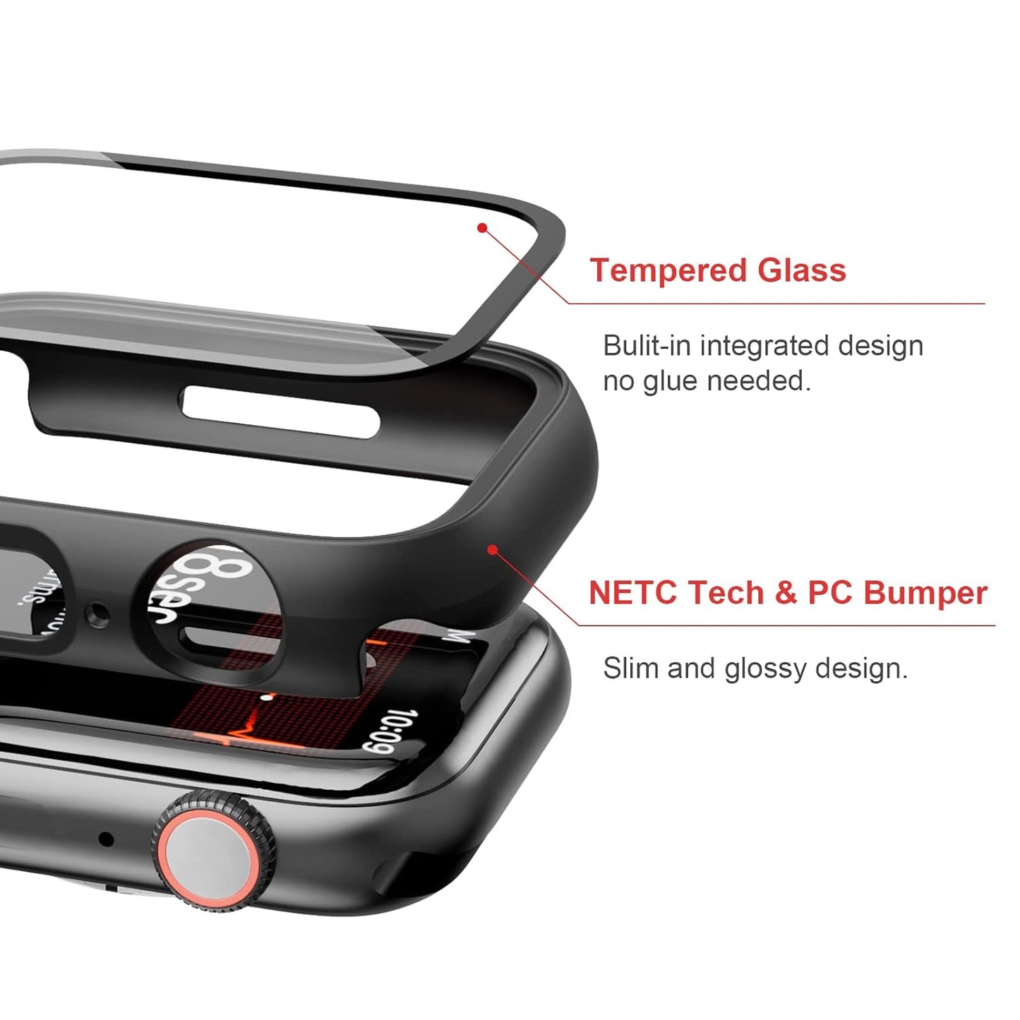 AIG Apple Watch 41mm Hard Case with Tempered Glass Screen Protector, Ultra-Thin Protective Cover for Series 9/8/7 - Clear/Transparent (2 Pack)