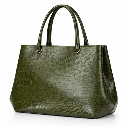 Women's Tote Handbag, Olive Green, Faux Leather, Crocodile Embossed, Spacious with Zipper Compartment, Office and Travel Bag