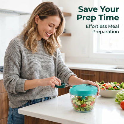 Manual Pull Cord Vegetable Chopper 900ml | Multipurpose Food Chopper with Stainless Steel Blades | Onion, Garlic, Vegetable, Fruit & Nut Cutter | BPA-Free Kitchen Chopper