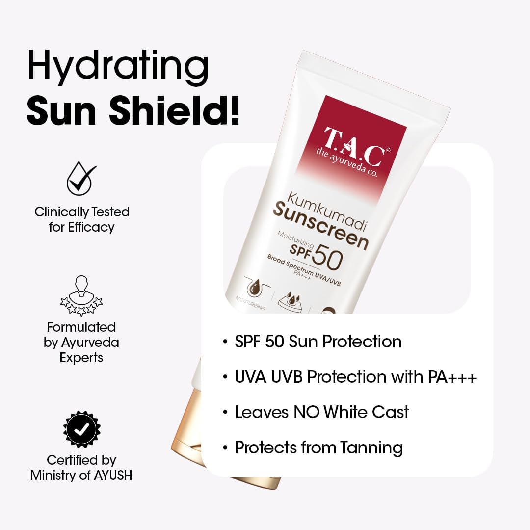 T.A.C - The Ayurveda Co. Kumkumadi Sunscreen SPF 50, Broad Spectrum UVA/UVB PA+++, Moisturising, All Skin Types, 50g