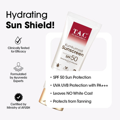 T.A.C - The Ayurveda Co. Kumkumadi Sunscreen SPF 50, Broad Spectrum UVA/UVB PA+++, Moisturising, All Skin Types, 50g