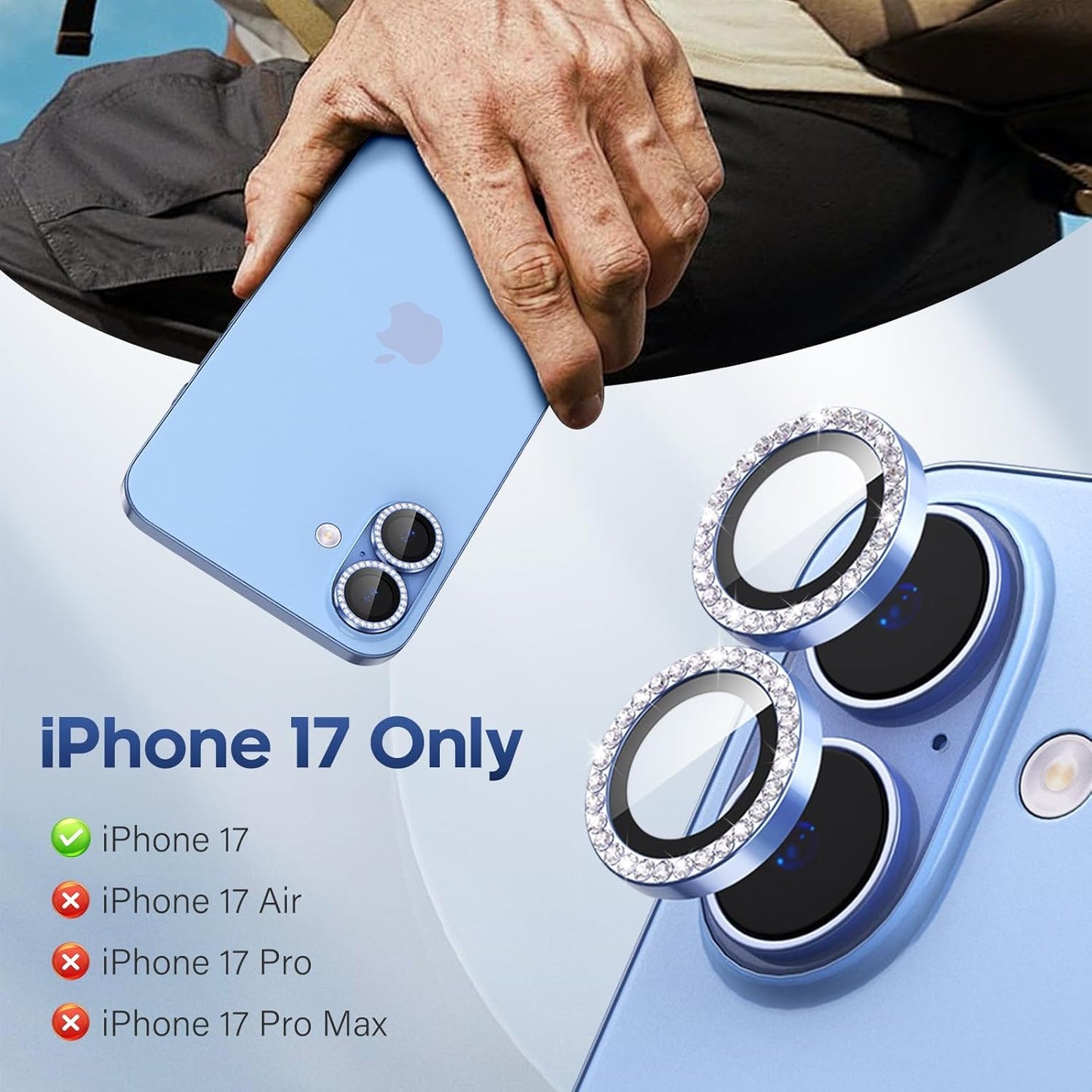 AIG Camera Lens Protector for iPhone 17 – Bling Diamond Metal Ring, 9H Tempered Glass (Blue Diamond, Scratch-Proof, Case Friendly)