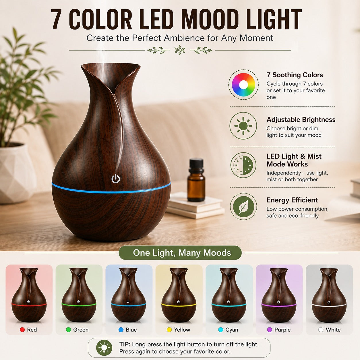 Aroma Diffuser Humidifier for Room & Home | Wood Grain Essential Oil Diffuser | Ultrasonic Cool Mist Air Humidifier for Bedroom | 3 Colour LED Light | Touch Control | Auto Shut-Off | 200ml