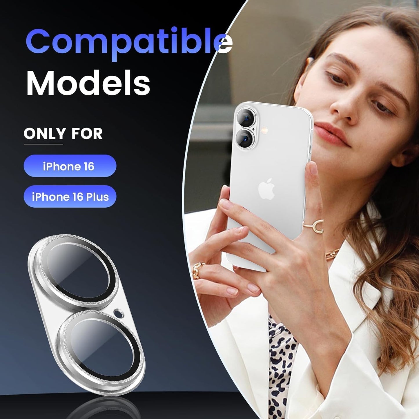 AIG Camera Lens Protector for iPhone 16 / 16 Plus – Tempered Glass with Metal Frame - Silver Joint