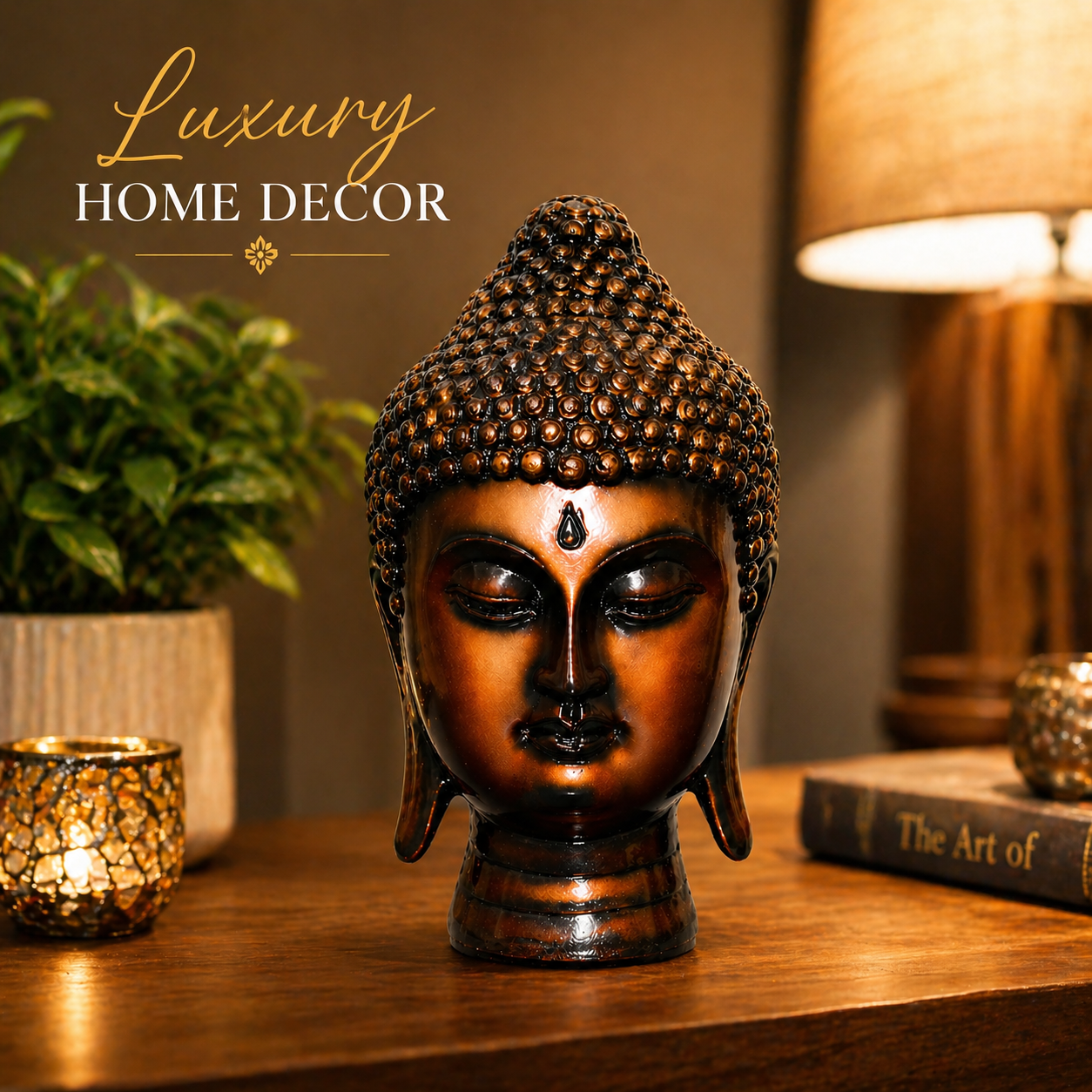 Handcrafted Brass Buddha Head Idol, Bronze Finish, Meditation Décor Statue for Home, Office, Yoga Studio