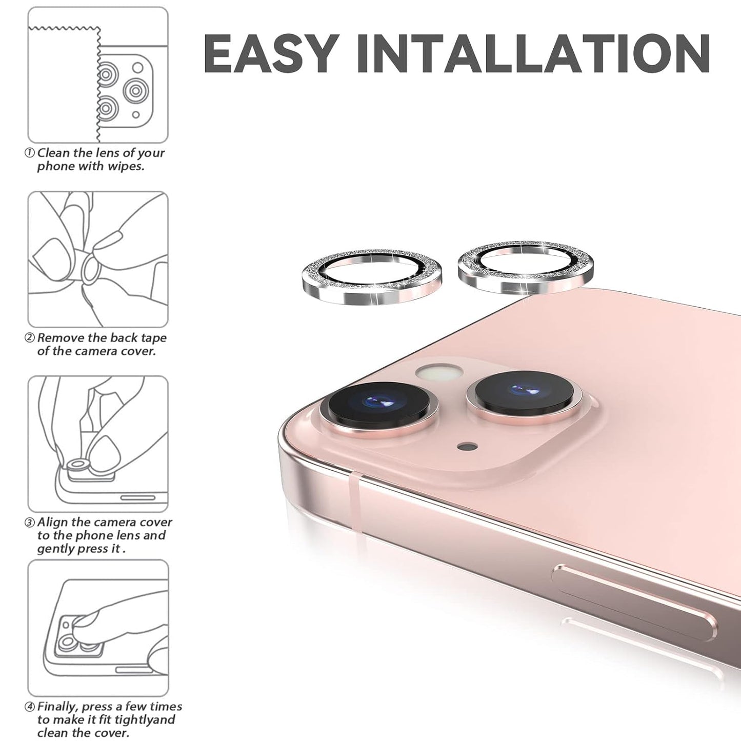 AIG Camera Lens Protector Compatible with iPhone 13 & iPhone 13 Mini, 9H Tempered Glass Camera Lens Cover, Aluminum Alloy Metal Ring, HD Clear, Anti Scratch, Case Friendly, Glitter
