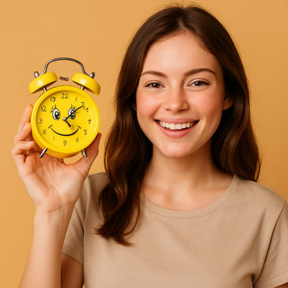 Retro Twin Bell Alarm Clock with Smiley Dial | Loud Alarm, Metal Body, Analog Display, Battery Operated | Bedside/Table Clock for Kids & Adults (Yellow)