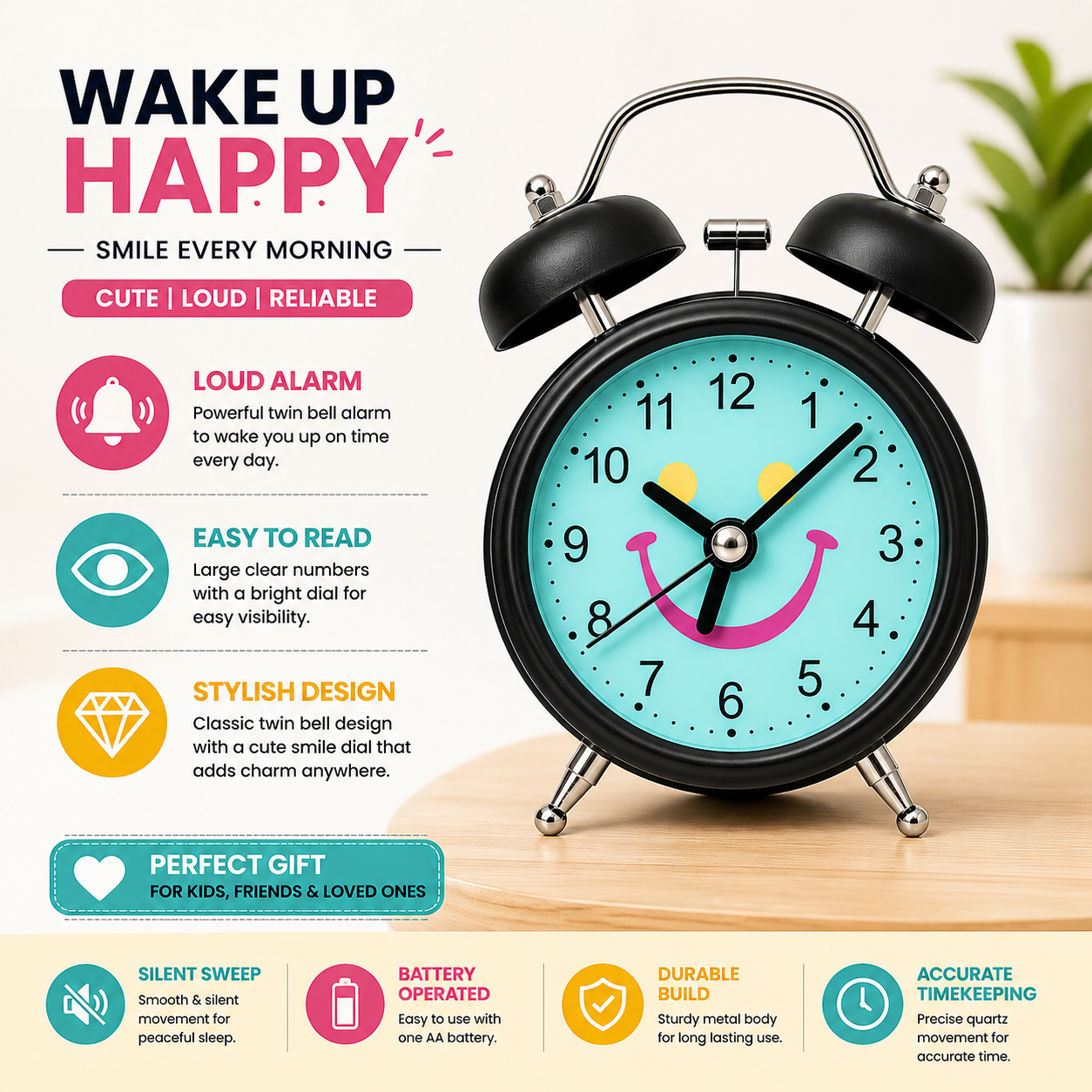 Retro Twin Bell Alarm Clock with Smiley Dial | Loud Alarm, Metal Body, Analog Display, Battery Operated | Bedside/Table Clock for Kids & Adults