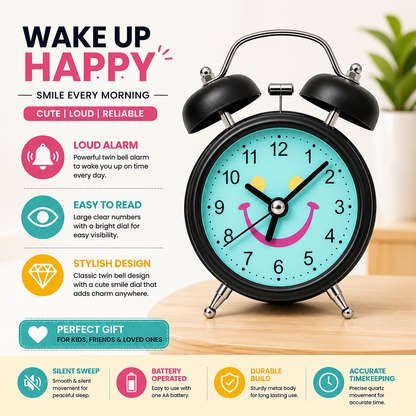 Retro Twin Bell Alarm Clock with Smiley Dial | Loud Alarm, Metal Body, Analog Display, Battery Operated | Bedside/Table Clock for Kids & Adults