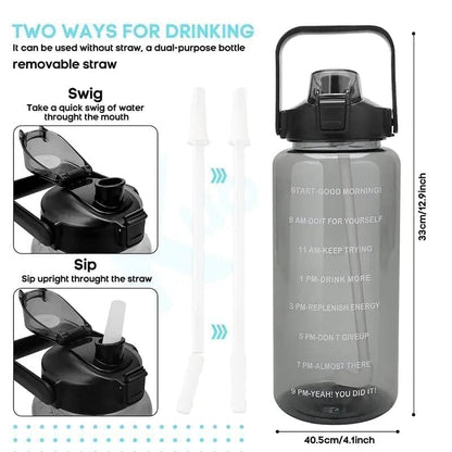 2L Motivational Water Bottle with Time Marker – BPA-Free Leakproof Water Bottle with Carry Handle for Gym, Office, School, Travel & Fitness (Black)
