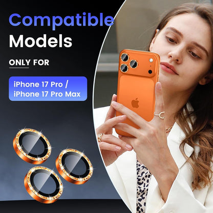 AIG Camera Lens Protector for iPhone 17 Pro/Pro Max –9H Tempered Glass with Glitter Metal Ring, Scratch Resistant, HD Clear (Orange Glitter)